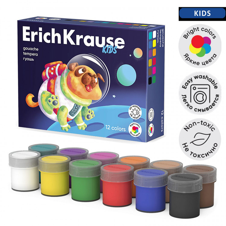Гуашь 12 цветов х 20 мл, ErichKrause  Kids Space Animals , с УФ защитой яркости, в коробке 