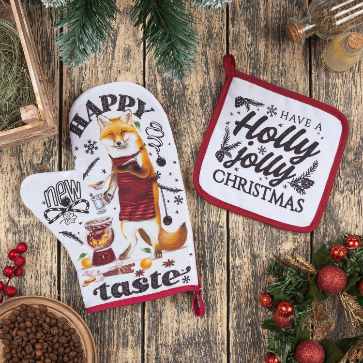 Новый год. Новогодний набор кухонный Happy new taste: варежка-прихватка 20х28см, прихватка 17х17 35% хл,65% п/э 