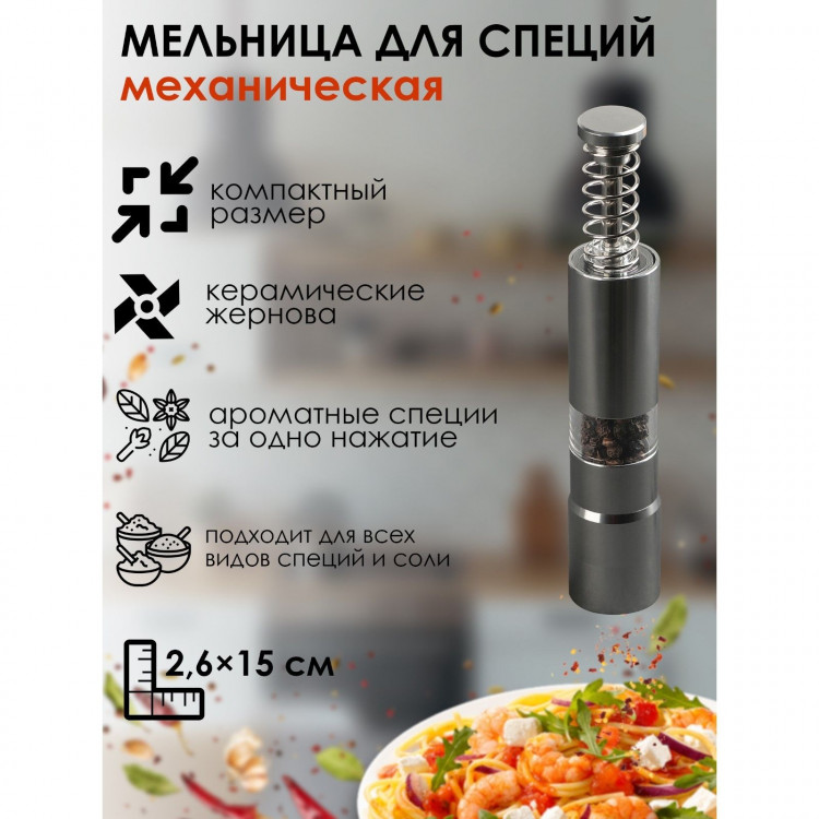 Мельница для специй «Пружина», 15×2,5 см, металлический механизм, цвет серый Мельница для специй «Пружина», 15×2,5 см, металлический механизм, цвет серый