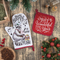 Новый год. Новогодний кухонный набор  Happy new year : варежка-прихватка 20х28 см, прихватка 17х17 см