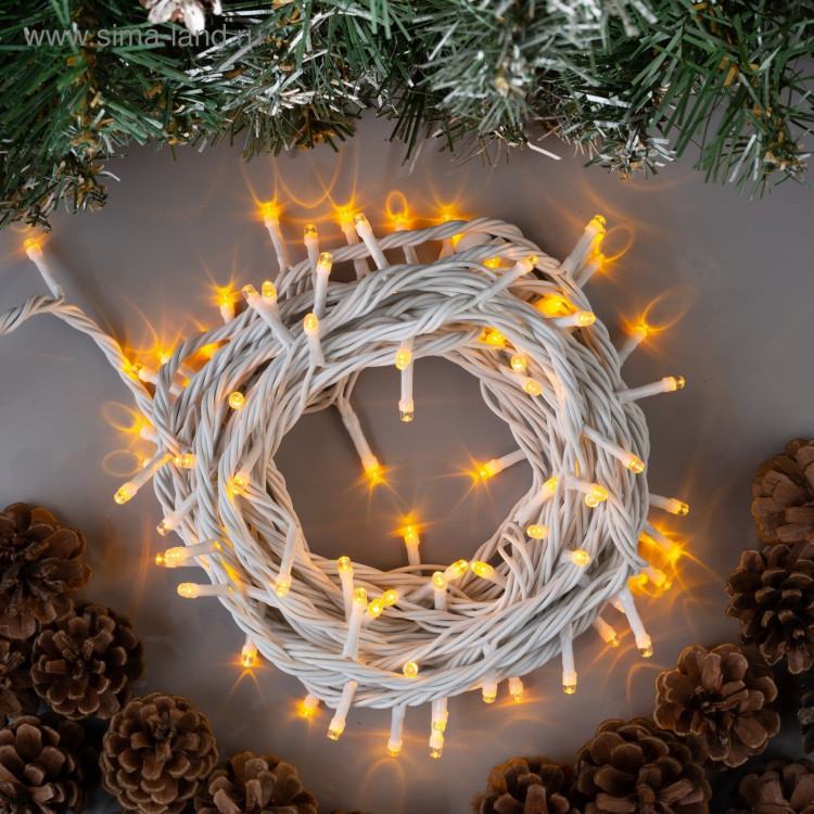 Гирлянда «Нить» 10 м, IP44, УМС, белая нить, 100 LED, свечение жёлтое, 220 В 