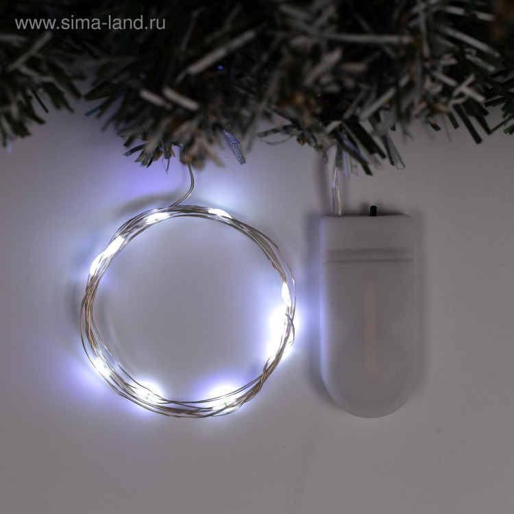 Гирлянда «Нить» 1 м роса, IP20, серебристая нить, 10 LED, батарейки CR2032х2 (в комплекте), свечение белое 