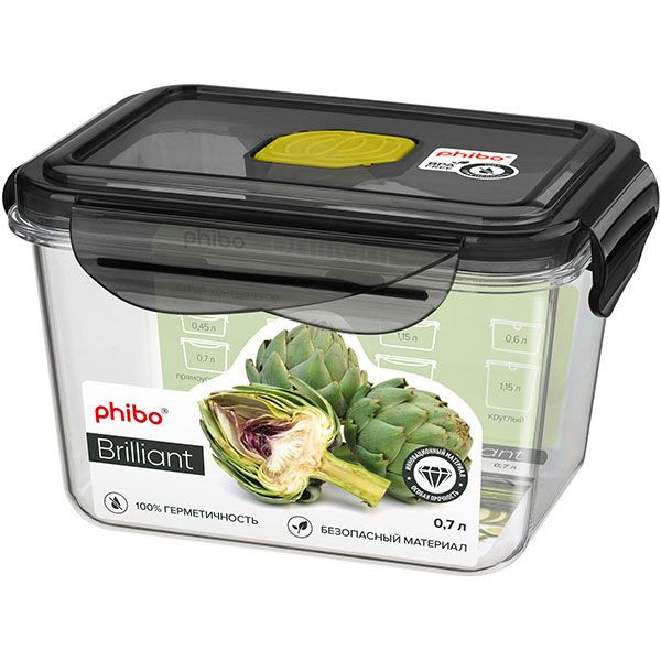 Контейнер для продуктов крышка герметичная с клапаном;тритан;0,7л;,H=9,L=14,B=11см;прозр.,черный 