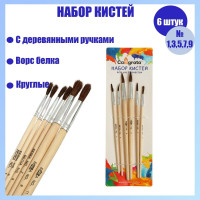 Набор кистей белка круглые 6 штук (№1,3,5,7,9,11) с деревянными ручками, блистер