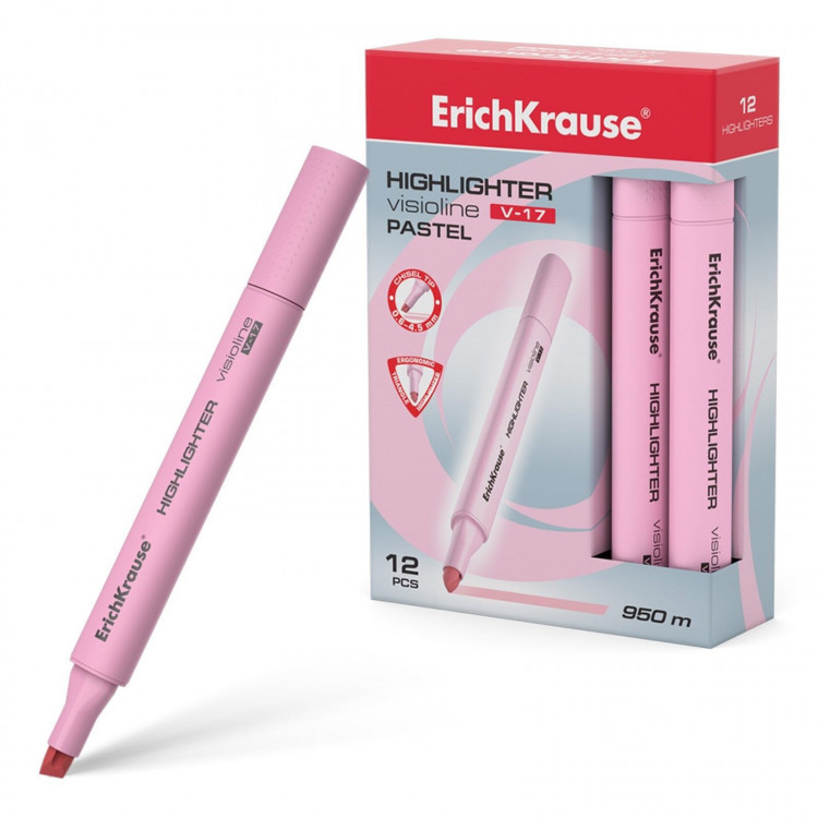 Маркер текстовыделитель ErichKrause Visioline V-17 Pastel, 0.6-4.5 мм, чернила на водной основе, розовый 
