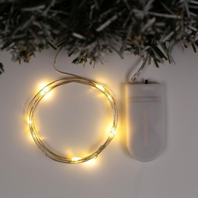 Гирлянда «Нить» 1 м роса, IP20, серебристая нить, 10 LED, батарейки CR2032х2 (в комплекте), свечение тёплое белое 