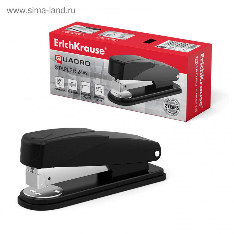 Степлер ErichKrause Quadro Half-strip, № 24/6, до 30 листов, антистеплер, чёрный 