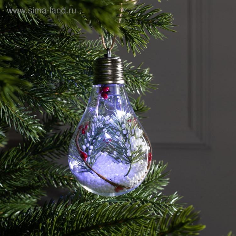 Ёлочный шар «Ветка ели», батарейки, 5 LED, свечение белое 