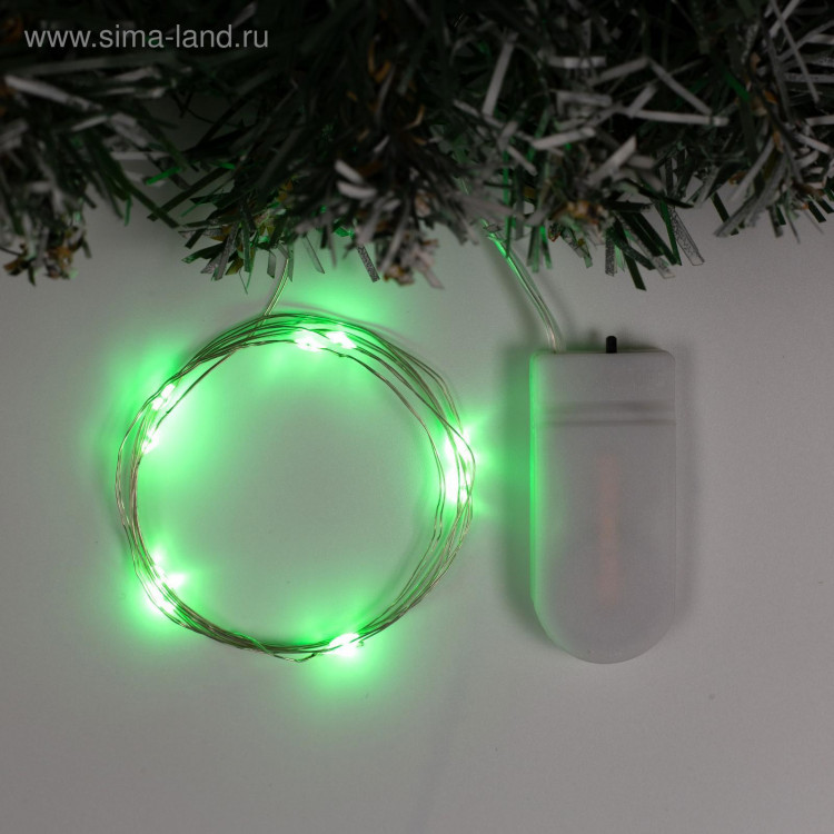 Гирлянда «Нить» 1 м роса, IP20, серебристая нить, 10 LED, батарейки CR2032х2 (в комплекте), свечение зелёное 