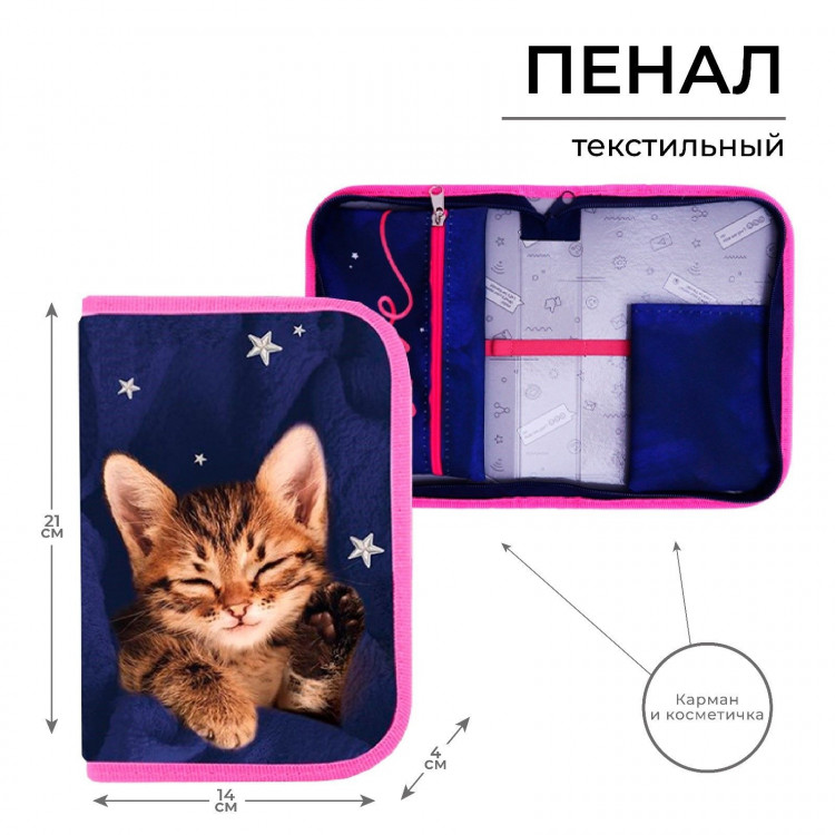 Пенал 1 секция 140 х 210 х 40 мм, откидной карман и косметичка, тканевый, Calligrata TOP Content  Котик  