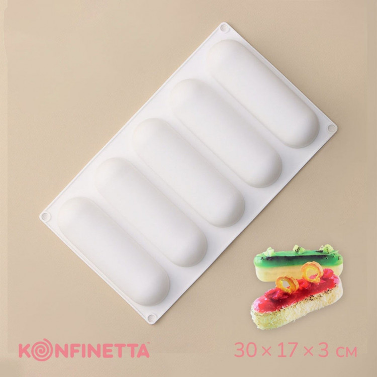 Форма для муссовых десертов и выпечки KONFINETTA «Эклер», 30×17×3 см, 5 ячеек (14,5×4,5 см), цвет белый 
