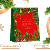 Новый год. Пакет подарочный  Счастливого Нового года , на красном, 26 х 32 х 12 см.