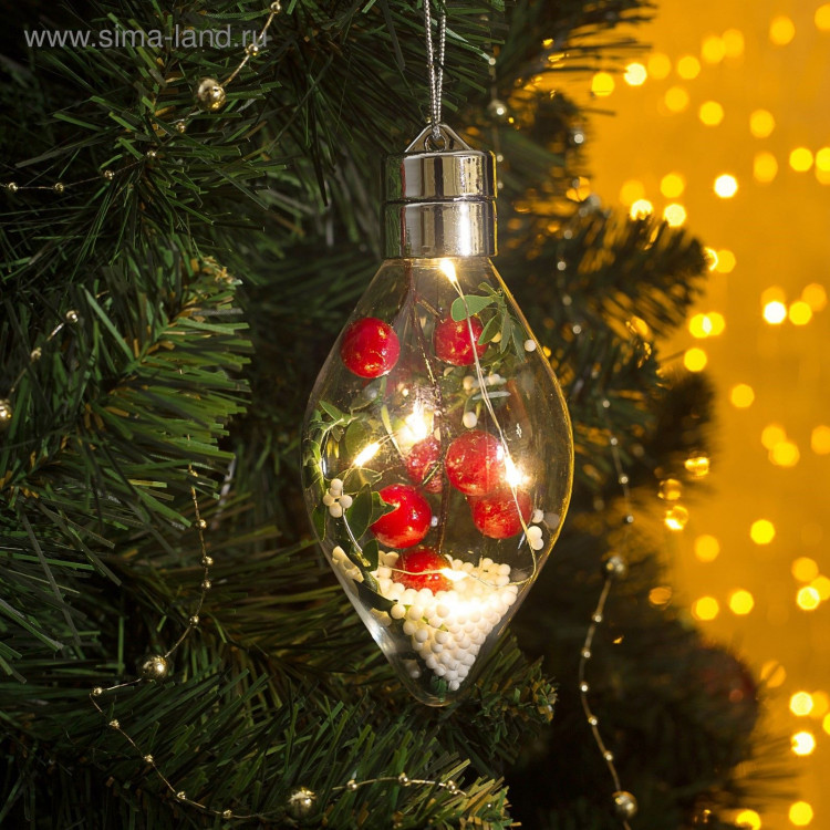 Ёлочный шар «Ягоды», батарейки, 5 LED, свечение тёплое белое 