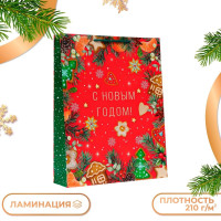 Новый год. Пакет подарочный  С новым годом , на красном, 33 х 42,5 х 10 см.