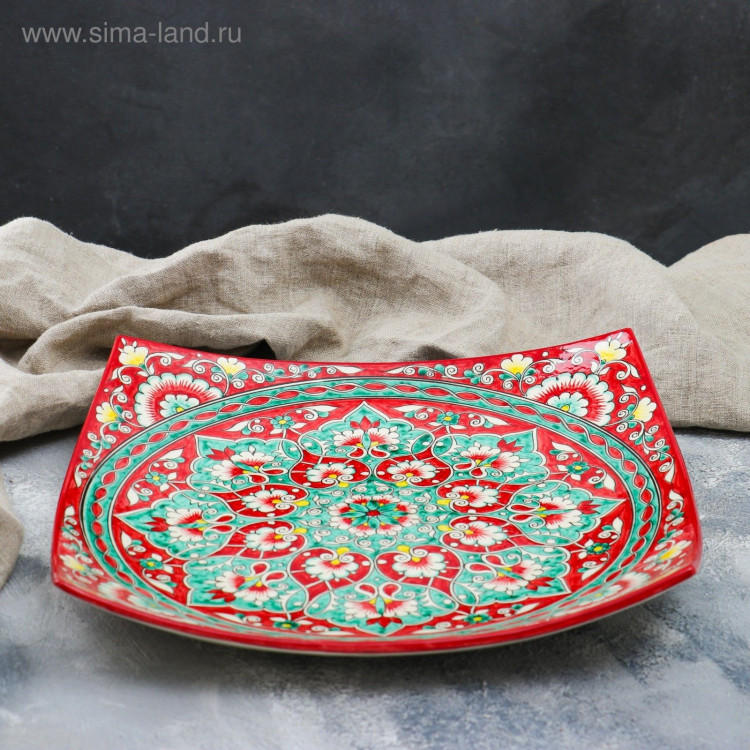 Ляган Риштанская Керамика  Цветы , 32 см, квадратный, красный 