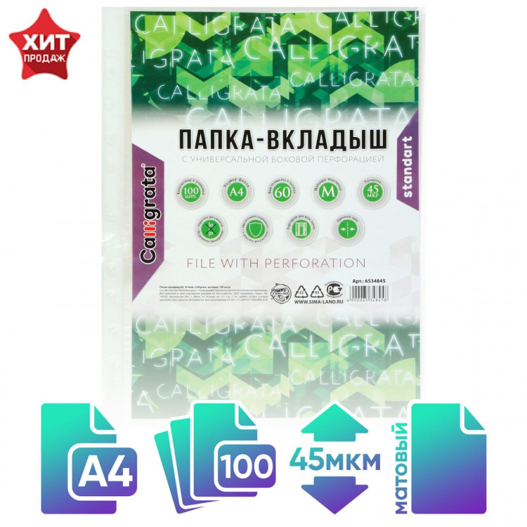 Файл-вкладыш А4, 45 мкм, Calligrata, матовый, вертикальный, 100 штук 