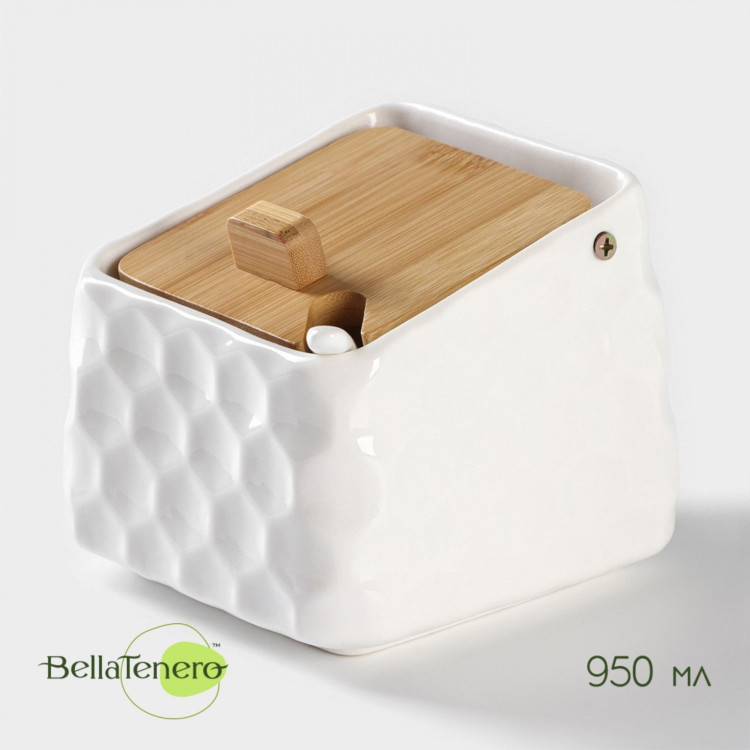 Белая фарфоровая банка для сыпучих продуктов с ложкой BellaTenero (950 мл.) 