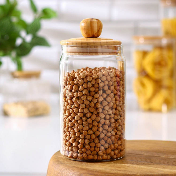 Стеклянная банка для сыпучих продуктов с бамбуковой крышкой «Эко» (1,05 л.) 