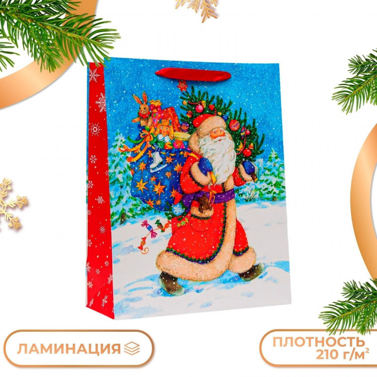 Новый год. Пакет подарочный  Довольный дед мороз , 33 х 42,5 х 15 см. 