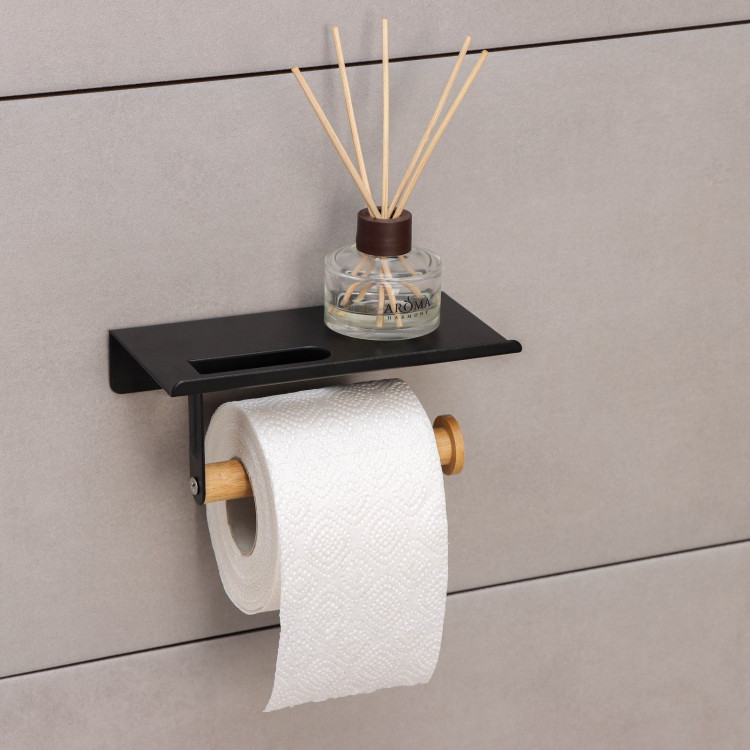 Черный держатель для туалетной бумаги с полочкой Bamboo (18х9,7х7,5 см) 