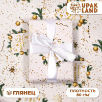 Новый год. Бумага упаковочная глянцевая  Венки на золотом! ,1 лист, 70 х 100 см