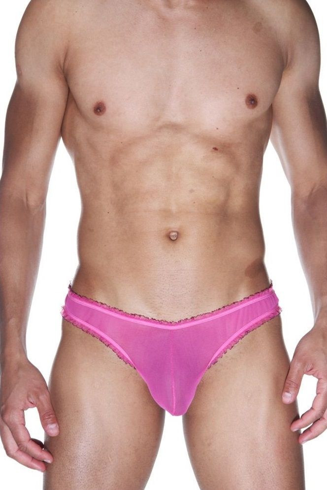 Мужские ярко-розовые трусы-бразилиана с рюшевой отделкой 