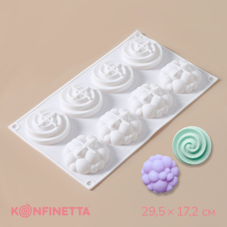 Форма для муссовых десертов и выпечки KONFINETTA «Карамелла», силикон, 29,5×17,2×2,5 см, 8 ячеек (d=6,5 см), цвет белый 