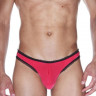 Красные мужские трусы-бразилиана с черной рюшевой отделкой Красные мужские трусы-бразилиана с черной рюшевой отделкой