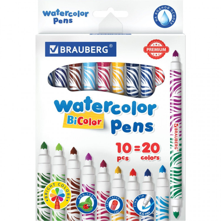 Фломастеры двусторонние 20 цветов BRAUBERG PREMIUM BI-COLOR, 10 штук, утолщенные, вентилируемый колпачок 