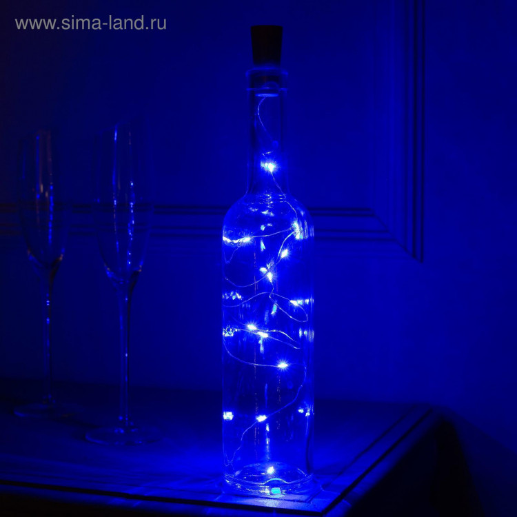 Гирлянда «Нить» 1 м роса с пробкой, IP20, серебристая нить, 10 LED, батарейки LR44х3 (в комплекте), свечение синее 