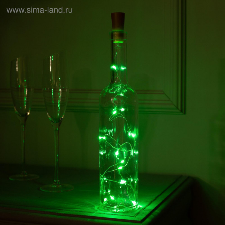 Гирлянда «Нить» 1 м роса с пробкой, IP20, серебристая нить, 10 LED, батарейки LR44х3 (в комплекте), свечение зелёное 